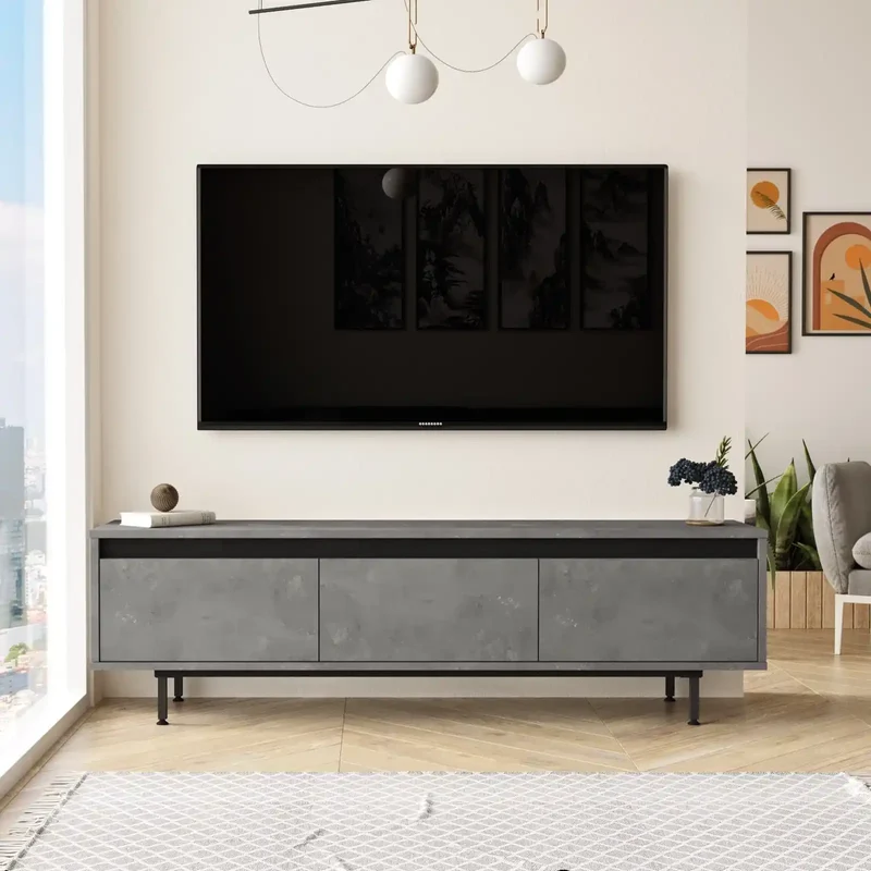 Meuble TV Mirage - Gris Noir et Pieds en Acier Noir - Style Moderne et Rangement Fonctionnel