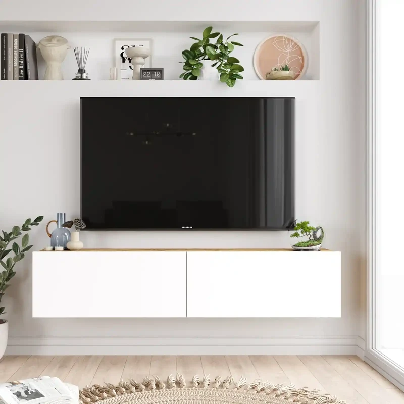 Meuble TV suspendu Oasis - Blanc et Bois Clair - Design Minimaliste et Moderne