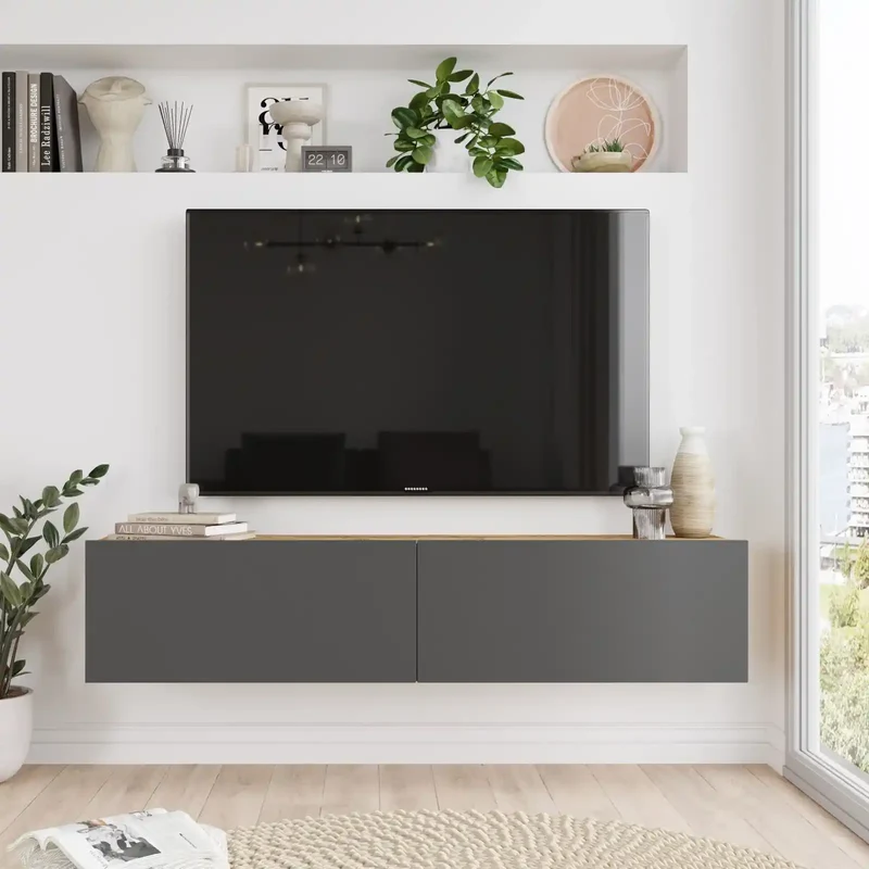 Meuble TV Suspendu Oasis 140 cm - Gris et Bois