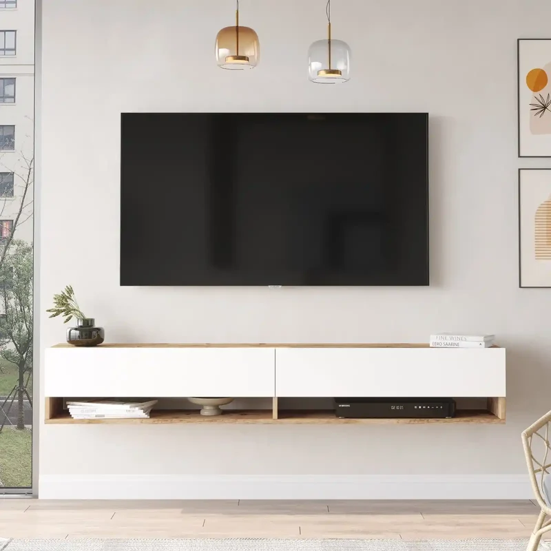 Meuble TV Suspendu Fable 180 cm - Blanc et Bois