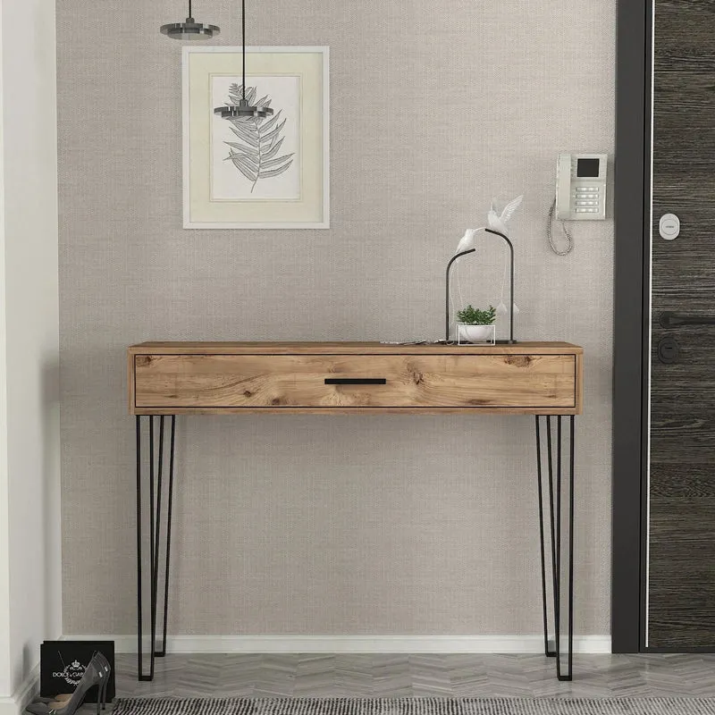 Console PRAGUE Bois Clair & Métal Noir – Design Industriel avec Tiroir 120 cm