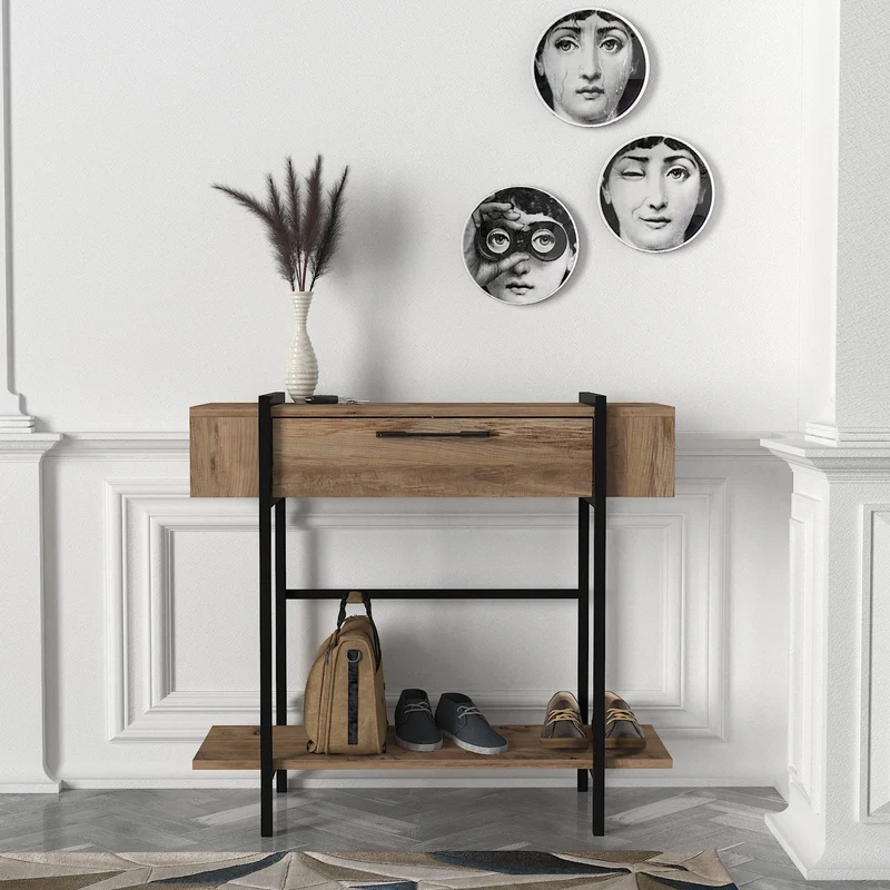 Console ANDORRE Bois & Métal Noir – Petite Console d’Entrée avec Placard et Étagère