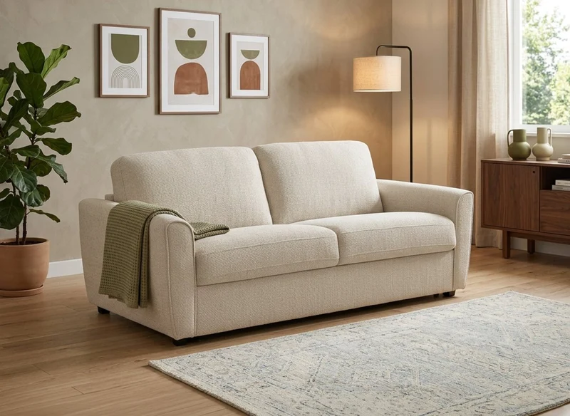 Canapé convertible express 3 places en velours texturé beige KALIANA