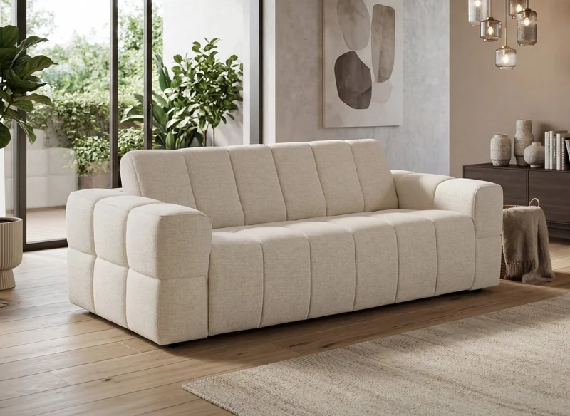 Canapé convertible express 3 places en velours texturé beige BASILE