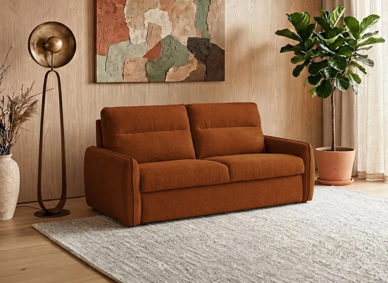 Canapé convertible express 3 places matelas 15 cm en tissu texturé terracotta ADILIO