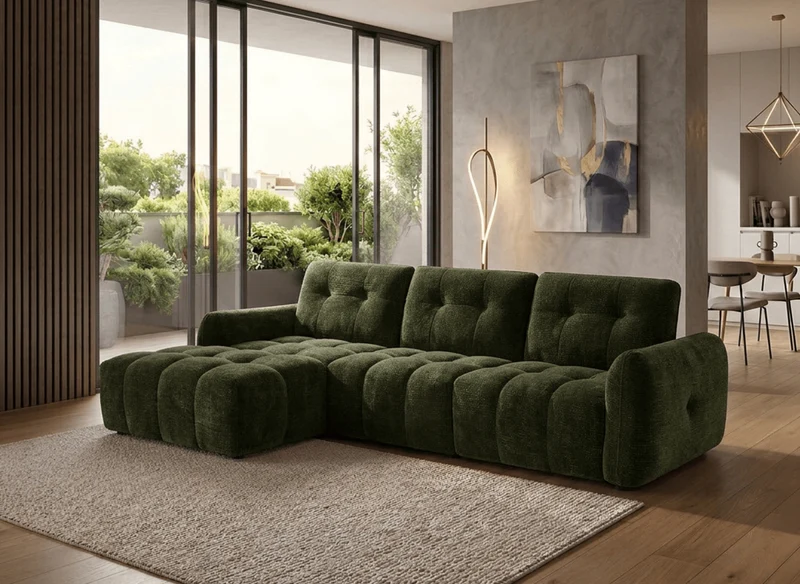 Canapé d'angle en velours tissé vert olive avec dossier réglable ADONIS - Angle gauche