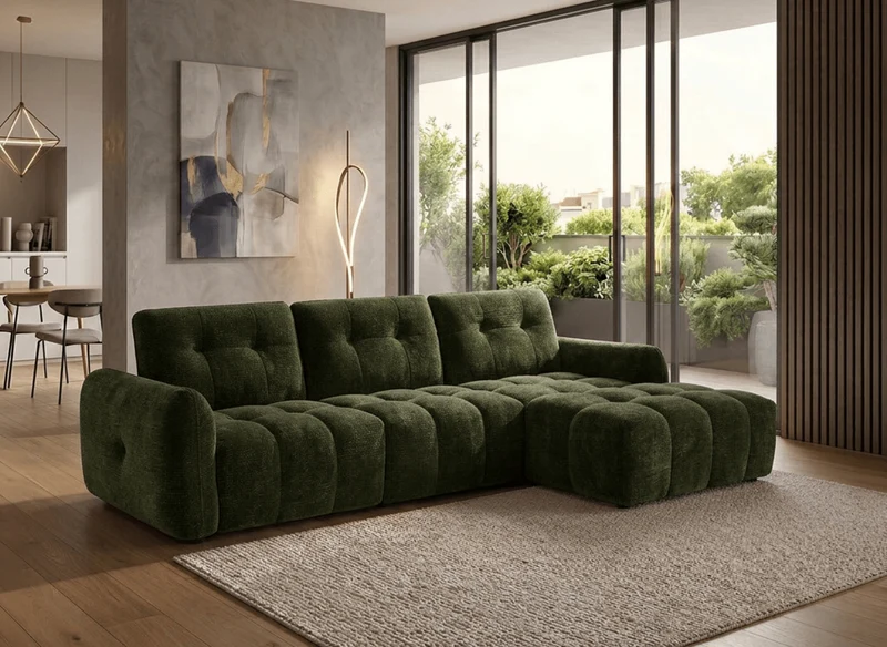 Canapé d'angle en velours tissé vert olive avec dossier réglable ADONIS - Angle droit