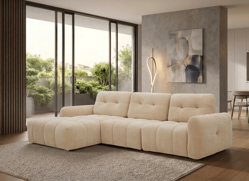 Canapé d'angle en velours tissé beige avec dossier réglable ADONIS - Angle gauche