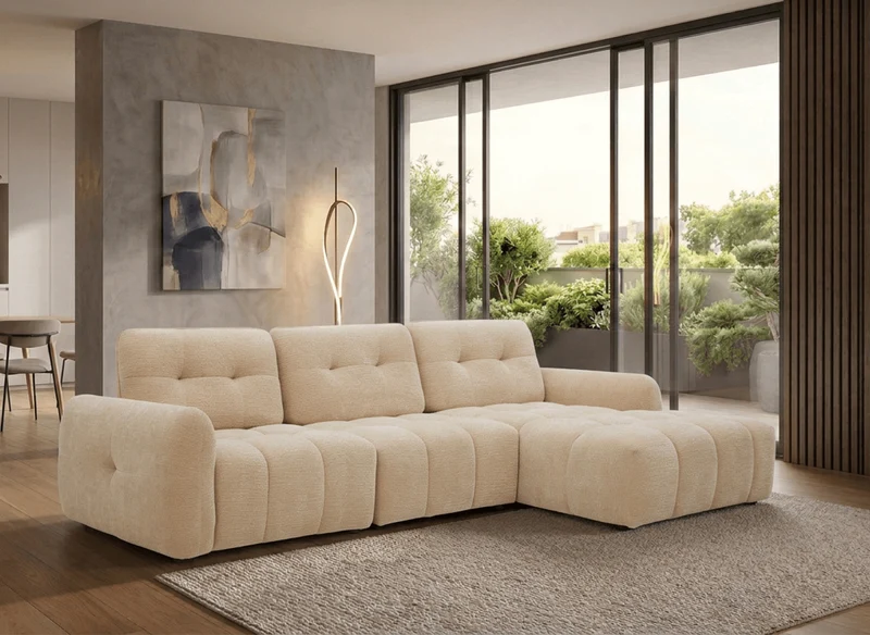 Canapé d'angle en velours tissé beige avec dossier réglable ADONIS - Angle droit