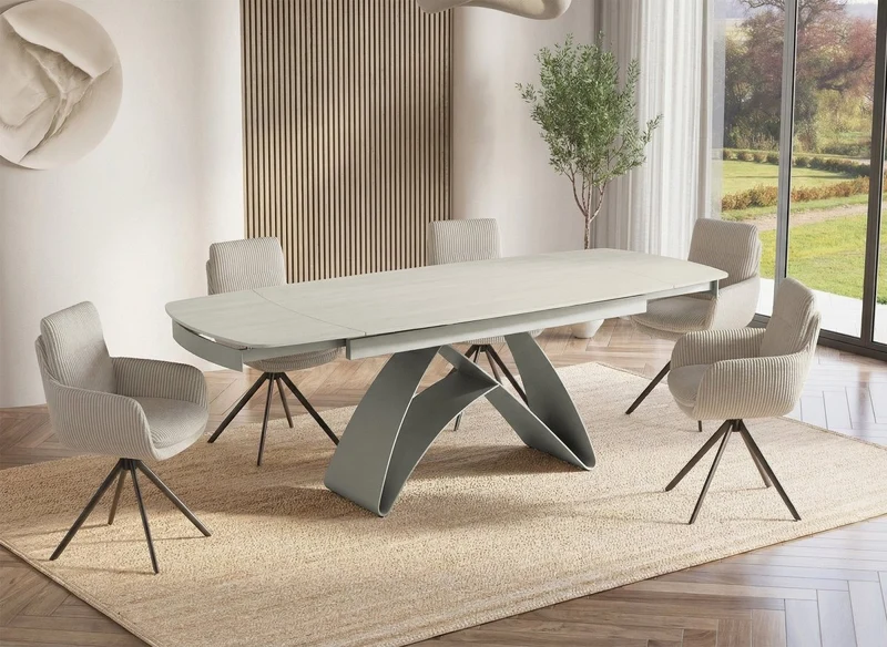 Table à manger extensible en métal beige plateau céramique blanc 160-240 cm PARIS
