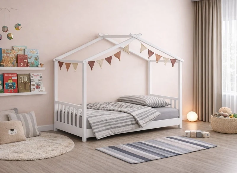 Lit cabane avec barreaux en bois blanc 90 x 190 cm NIDOU