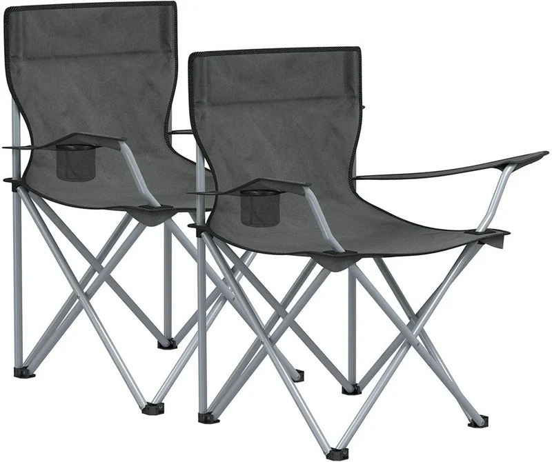 Lot de 2 chaises de camping pliables confortables avec accoudoirs et porte-gobelets 52 x 84 x 81 cm en acier gris ardoise 12_0009249