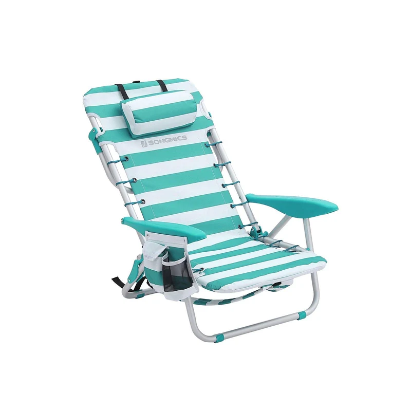 Chaise de plage portable avec appui-tête siège d’extérieur dossier haut réglable jusqu'à 180 ° avec porte-gobelet et poche accoudoirs charge 150 kg rayures vertes et blanches gcb62jw 12_0001540