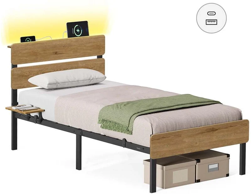 Cadre de lit 90 x 190 avec rangement éclairage LED 25 couleurs style industriel finition marron 12_0012144