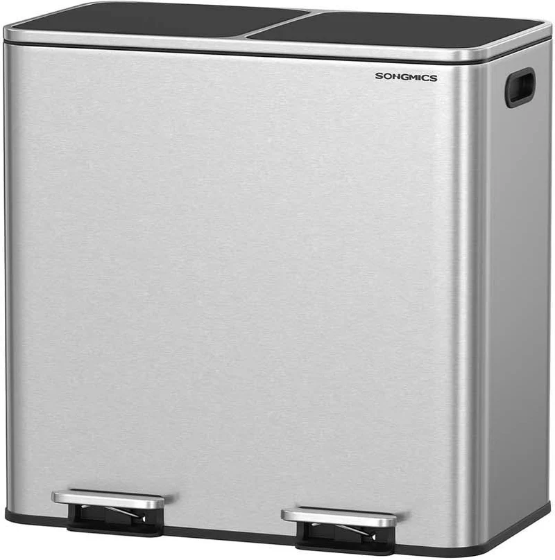 Poubelle à double compartiment 64,5 x 40,4 x 63,5 cm avec pédales et fermeture douce style moderne en acier inoxydable argent 12_0012103