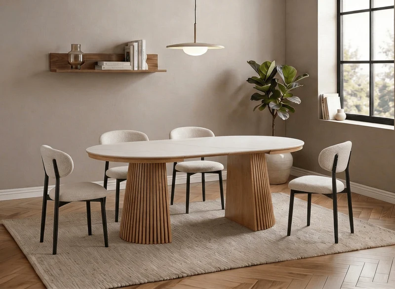 Table à manger ronde extensible en bois clair avec plateau en céramique blanc 120-200cm HEKA