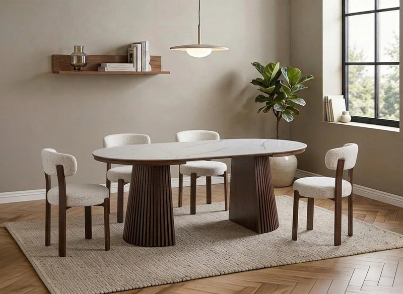 Table à manger ronde extensible en bois foncé avec plateau en céramique blanc 120-200cm HEKA