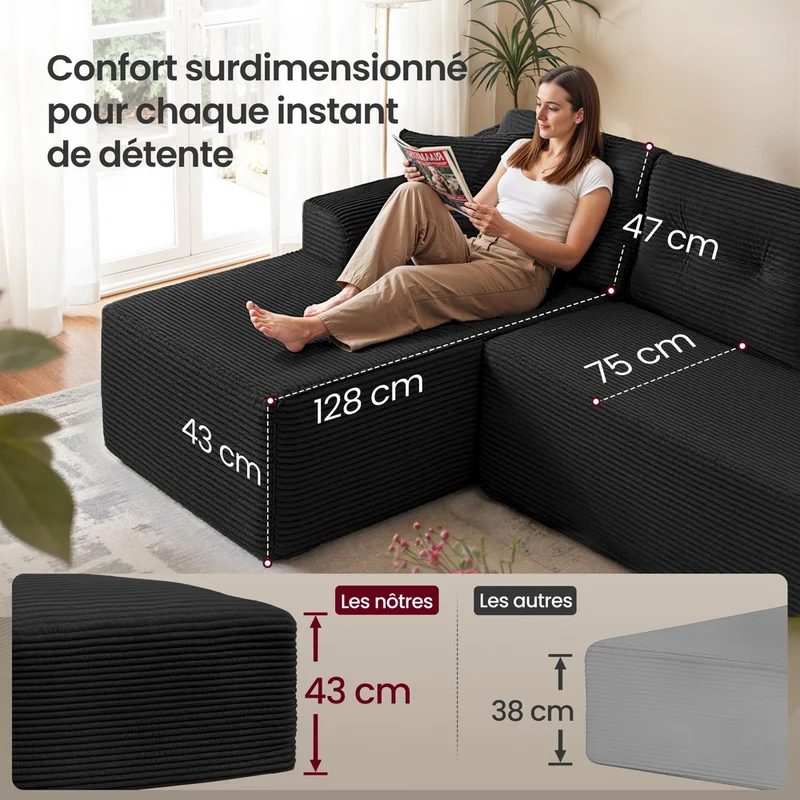 Canapé d'angle modulable avec grande méridienne 150 x 244 x 73 cm confort optimal style contemporain en velours noir 12_0012423