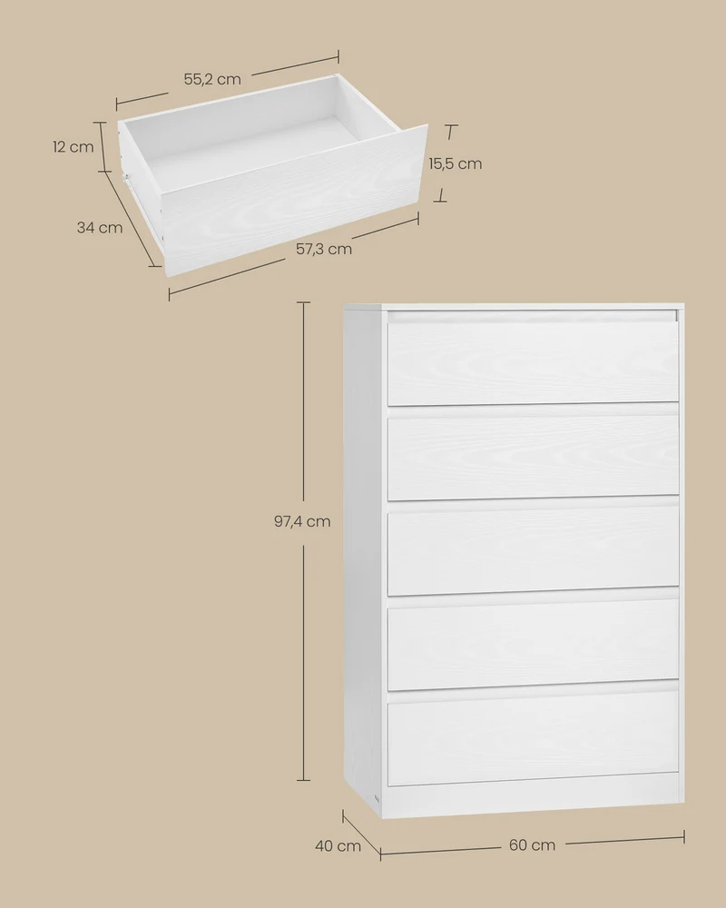 Commode de rangement moderne 40 x 60 x 97,4 cm 4 tiroirs capacité 75 kg ambiance épurée en aggloméré blanc neige 12_0012150