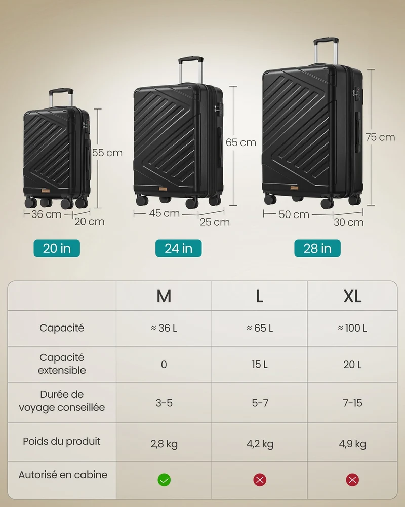Valise cabine rigide légère avec serrure TSA 55 x 36 x 20 cm en plastique ABS noir 12_0012120