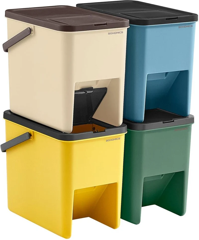 Lot de 4 poubelles de tri empilables cuisine 37,5 x 23,5 x 32 cm avec couvercles à ouverture pression en plastique jaune 12_0011114