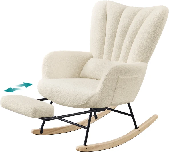 Fauteuil à bascule avec repose-pieds escamotable 92 x 71,5 x 92 cm confort optimal style moderne en bois blanc crème 12_0013205