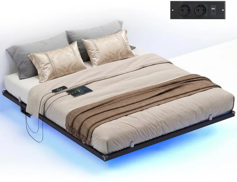 Lit flottant moderne avec éclairage intégré 200 x 180 x 26 cm capacité 500 kg en acier noir 12_0012653
