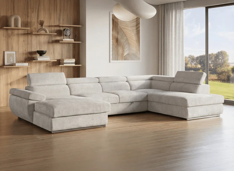 Canapé panoramique convertible avec coffre en velours chiné beige MARIANO- Angle gauche