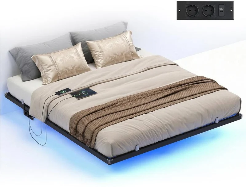 Lit flottant moderne avec station de charge 200 x 160 x 26 cm ambiance cosy en acier noir d'encre 12_0012345