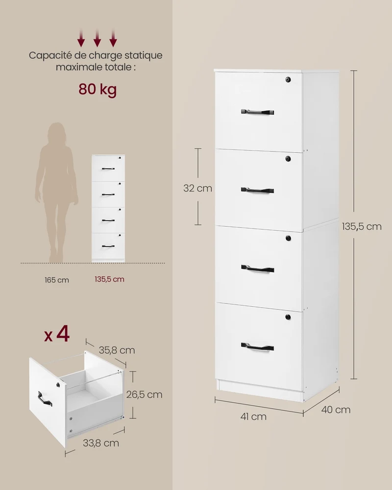 Meuble de bureau de rangement avec 4 tiroirs réglables 40 x 41 x 135,5 cm en MDF blanc nuage 12_0012135