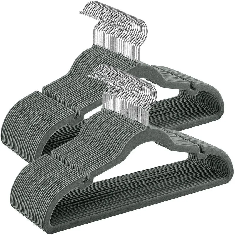 Lot de 30 cintres antiglisse avec encoches et barre pour pantalons 43 x 22 cm en velours gris 12_0010875