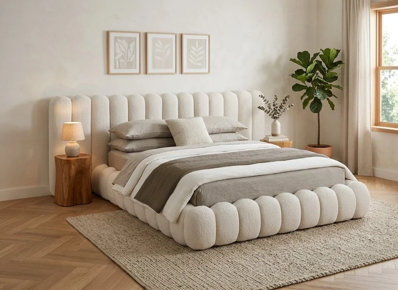 Lit coffre en tissu bouclette beige 180x200 cm GRETA