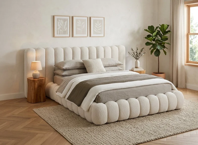 Lit coffre en tissu bouclette beige 160x200 cm GRETA