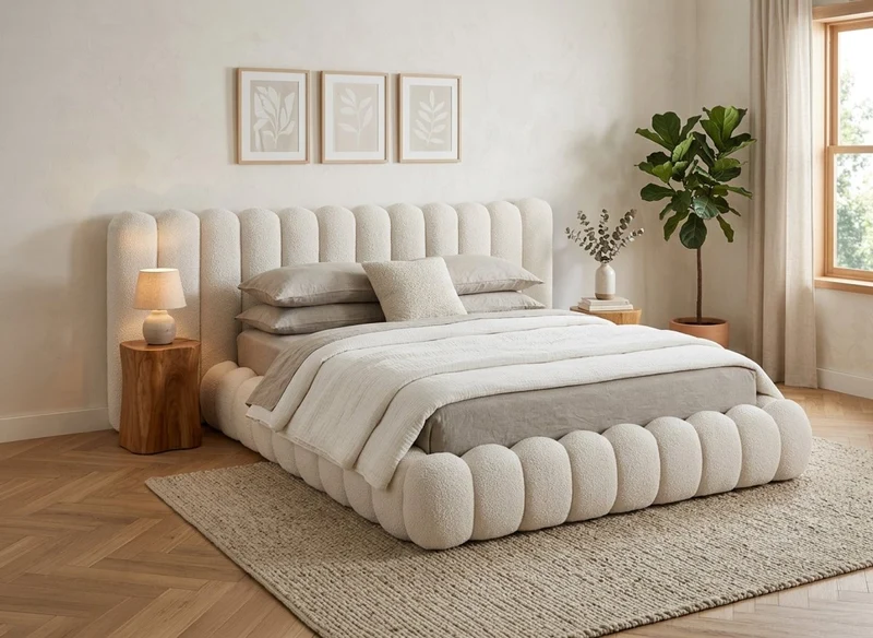 Lit double en tissu bouclette beige 160x200 cm GRETA