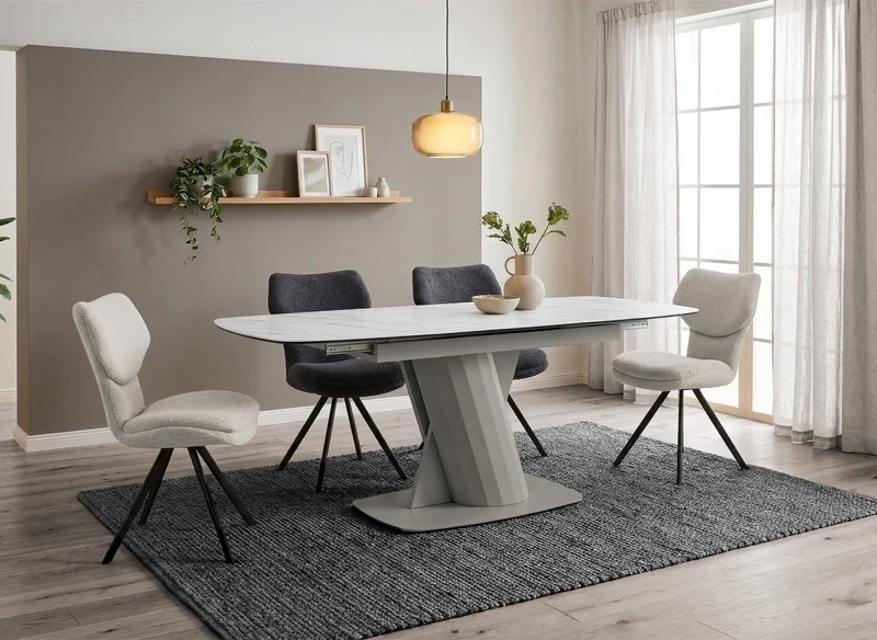 Table à manger extensible en métal beige plateau céramique blanc 180-240 cm DUBAI