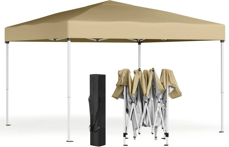 Tonnelle pliable 3 x 3 m protection solaire jardin cour réglable 250 x 254 x 258 cm en plastique beige 12_0012734
