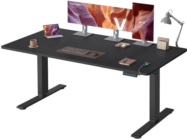 Bureau électrique réglable en hauteur 160 x 80 cm support pour multiprise fonction mémoire 3 hauteurs style moderne en aggloméré noir 12_0012650