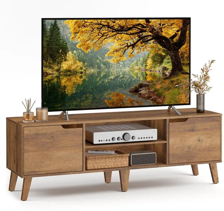 Meuble TV avec étagère réglable salon 147 x 39 x 50 cm design contemporain ambiance cosy en aggloméré marron miel 12_0012344