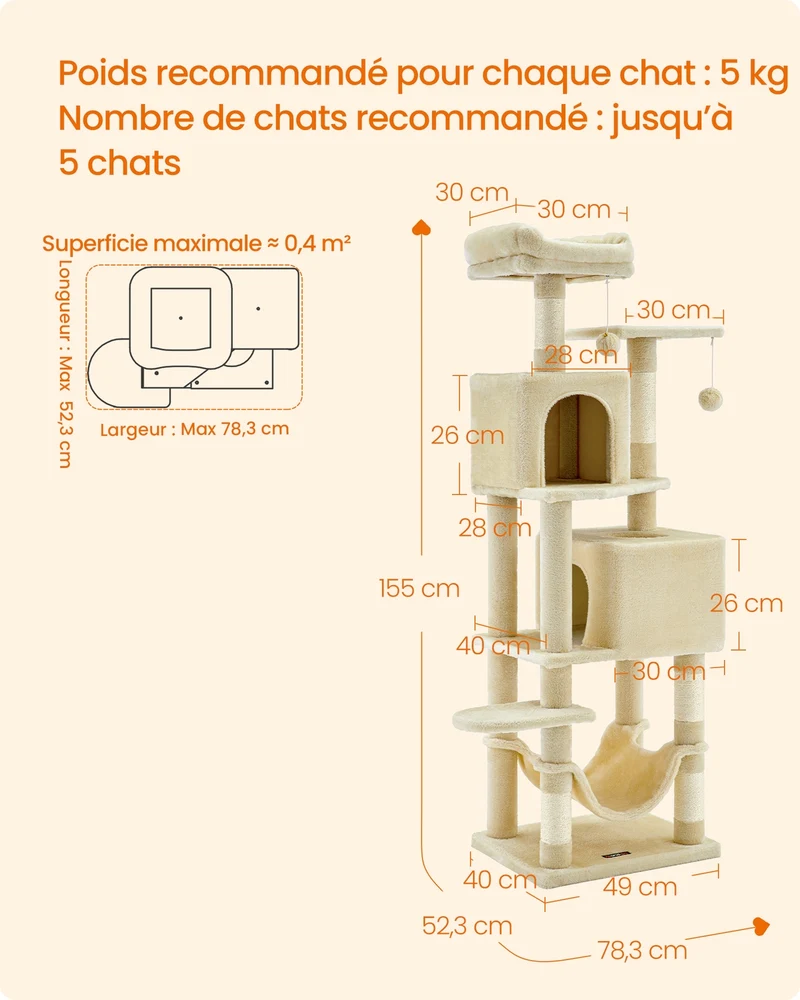 Arbre à chat design moderne 49 x 40 x 155 cm confortable pour animaux en aggloméré beige 12_0010385