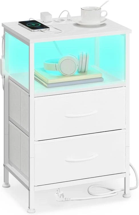 Table de chevet moderne avec éclairage LED réglable 30 x 39,6 x 60,4 cm style épuré 1 étagère ouverte 2 tiroirs en panneau MDF blanc 12_0012303