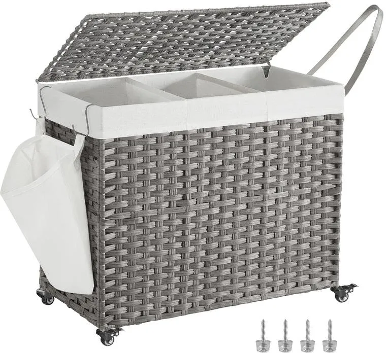 Panier à linge tissé à la main 76 x 33 x 66 cm 3 compartiments amovibles design épuré en plastique gris 12_0010695