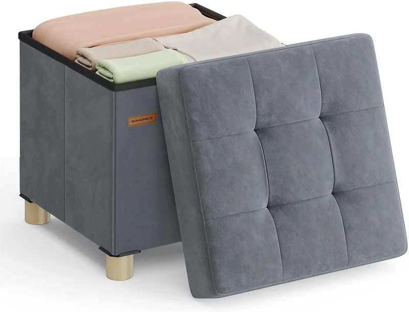 Lot de 1 tabouret de rangement design contemporain 38 x 38 x 40 cm assise confortable en velours gris ardoise 12_0012323