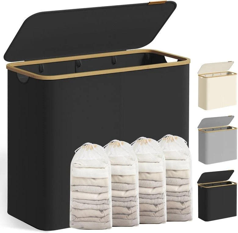 Panier à linge pliable gain de place 78 x 38,5 x 70,5 cm en tissu oxford noir 12_0011892