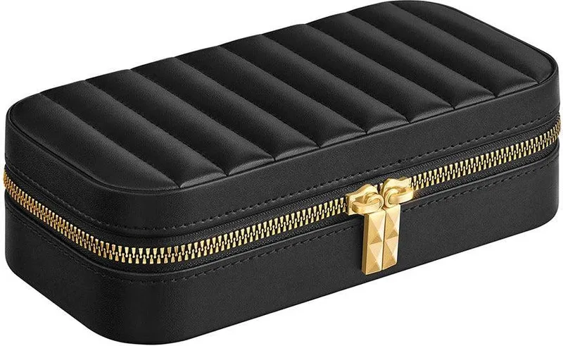 Boîte à bijoux de voyage portable 10,5 x 20,5 x 6 cm avec miroir finition élégante en PU noir 12_0011870