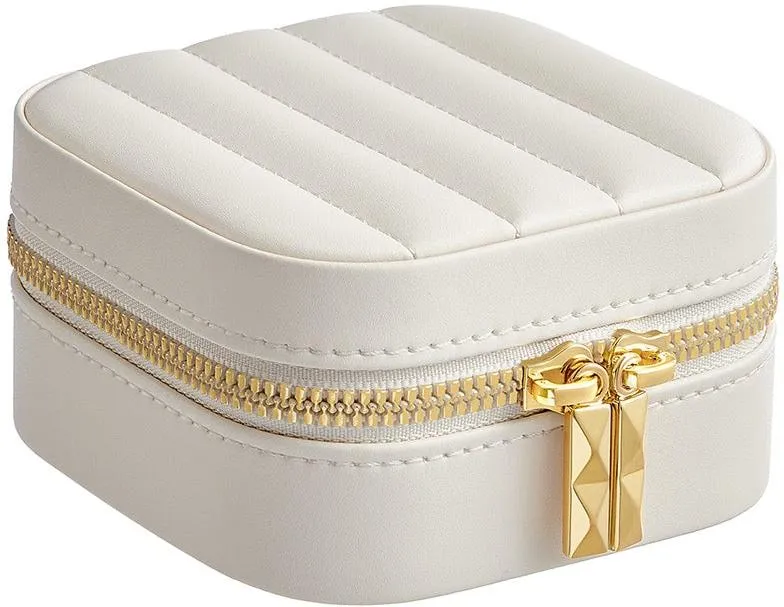 Boîte à bijoux de voyage portable avec miroir 10,5 x 10,5 x 6 cm en PU blanc 12_0011621