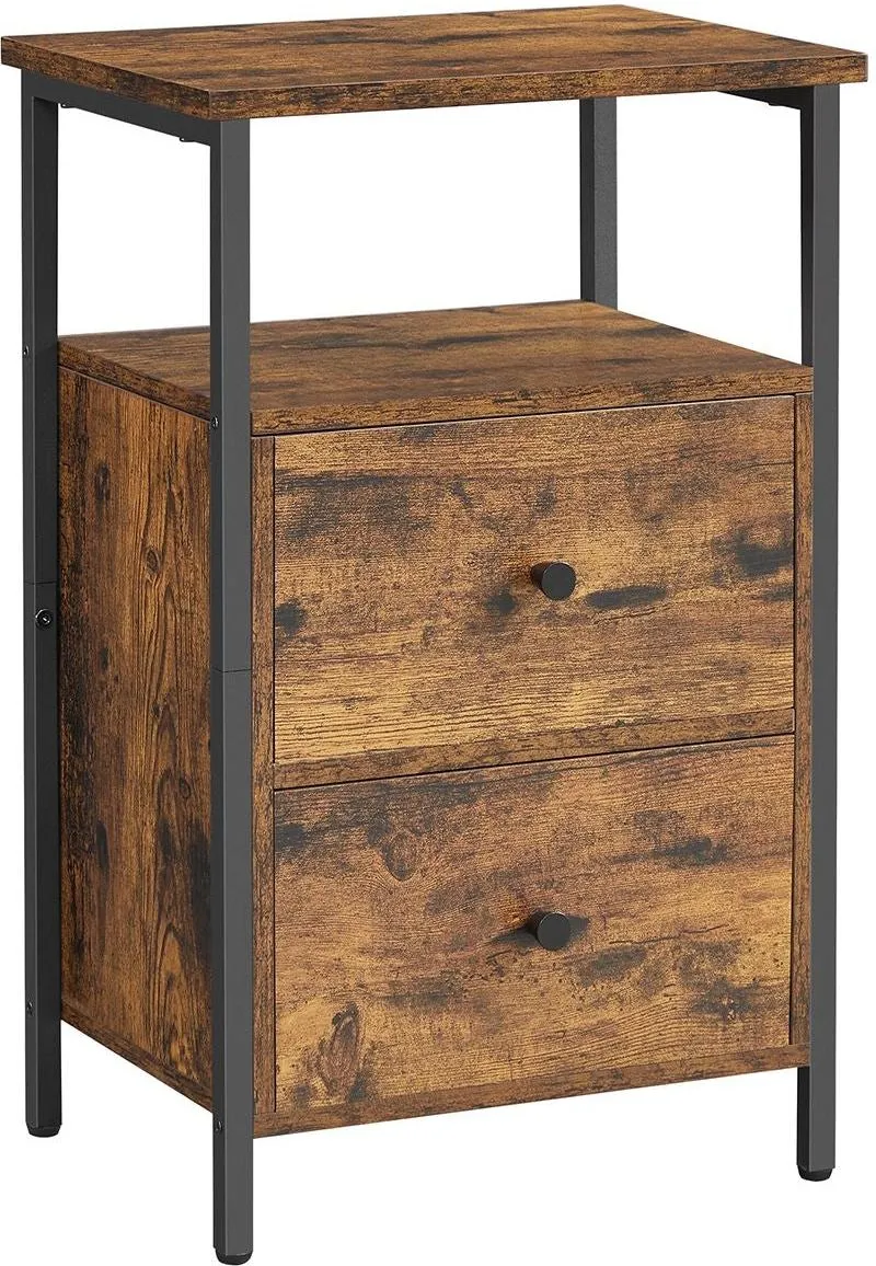 Table de chevet industrielle 38 x 28 x 60 cm avec 2 tiroirs pratique et design pour chambre et salon en aggloméré marron 12_0009612
