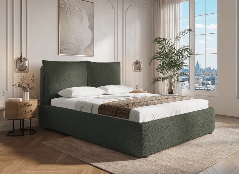 Lit coffre en tissu bouclette vert olive 180x200 cm MELY