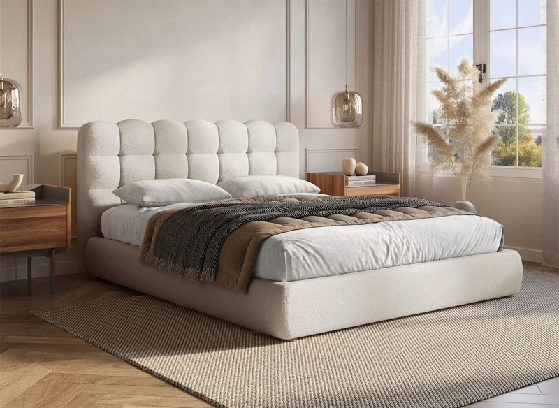 Lit coffre en tissu bouclette beige 160x200 cm BISCUIT
