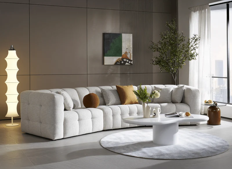 Canapé droit fixe 5 places en velours texturé beige ARELIA