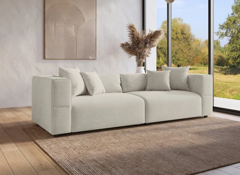 Canapé fixe 4 places en tissu beige EVELYNE